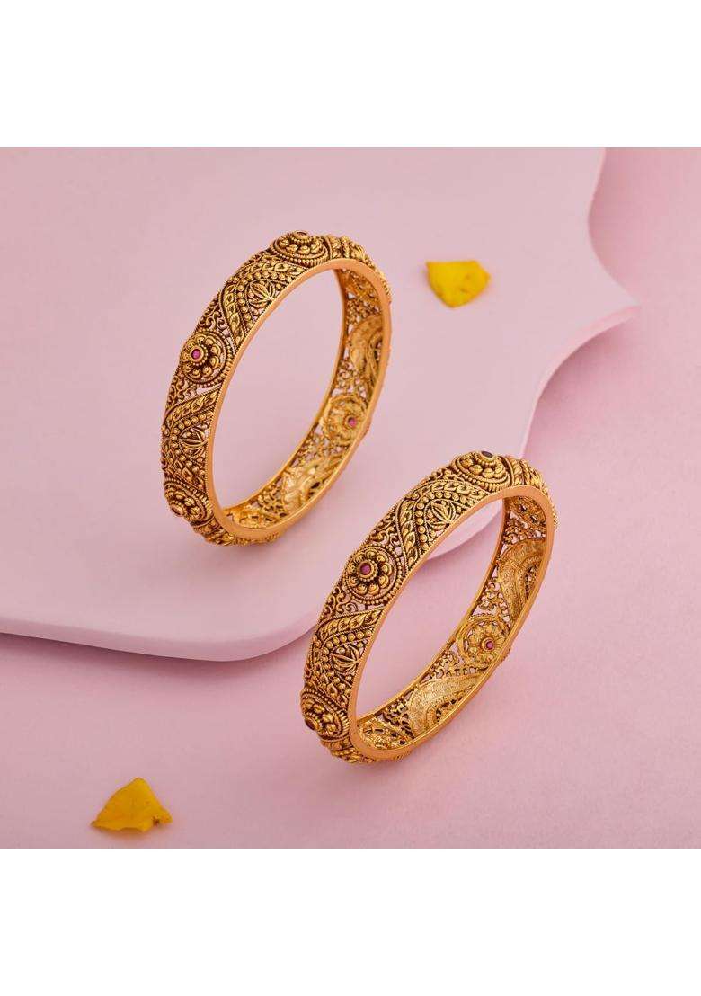 Kushals Fashion Jewellery Ruby Gold Plated Antique Bangles for Women Festive Bridal and Occasion Wear - Indya