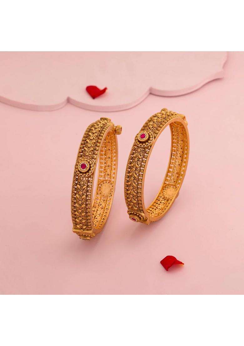 Kushals Fashion Jewellery Ruby Gold Plated Antique Bangles for Women Festive Bridal and Occasion Wear - Indya