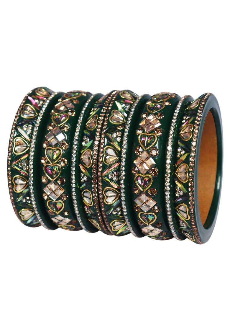 TAJ Bridal Store Royal Rajasthani Green Lac Bangles Set for Women Handmade Antique Kundan Wedding Bangle - Indya