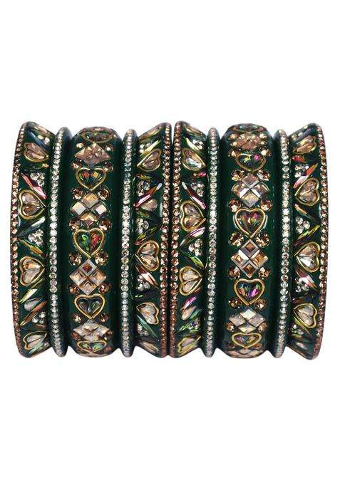TAJ Bridal Store Royal Rajasthani Green Lac Bangles Set for Women Handmade Antique Kundan Wedding Bangle