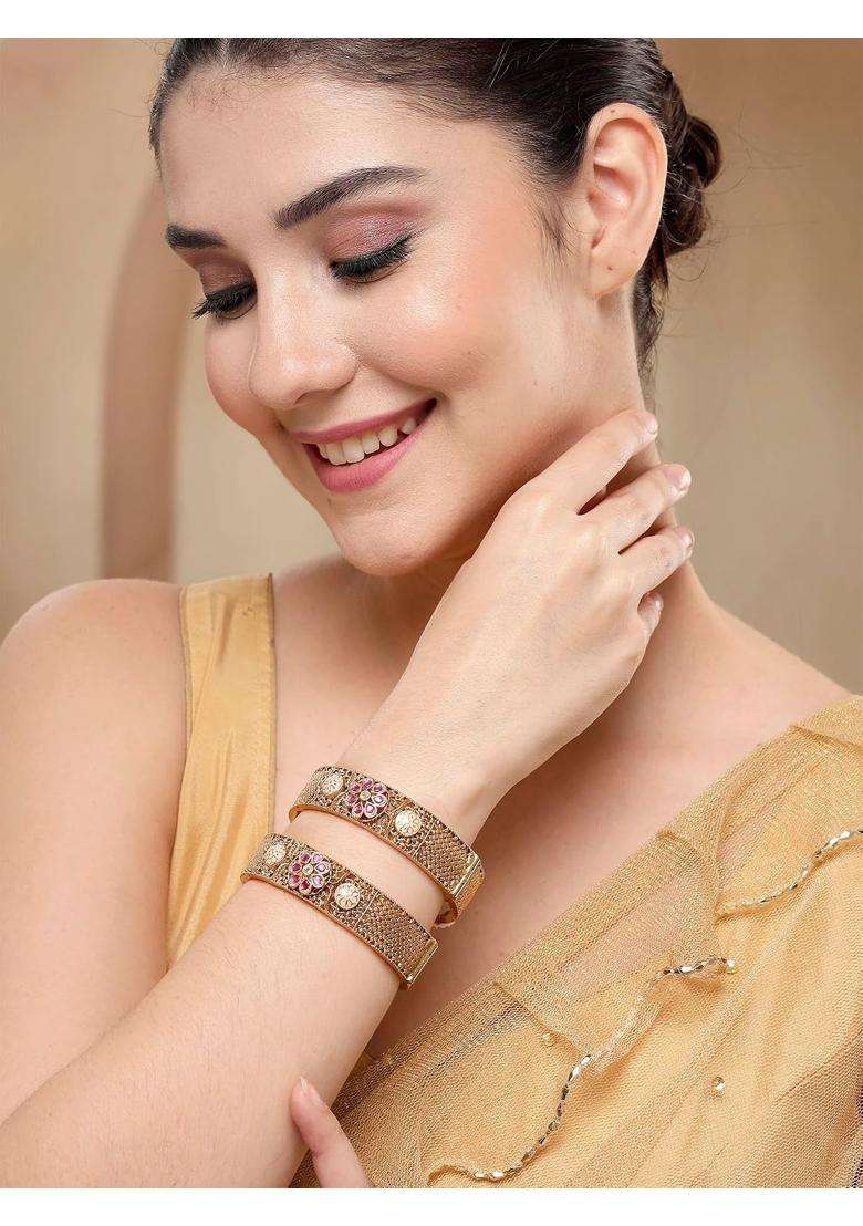 Karatcart Traditional Gold Plated Royal Design Floral Bridal Bangles for Women - Indya