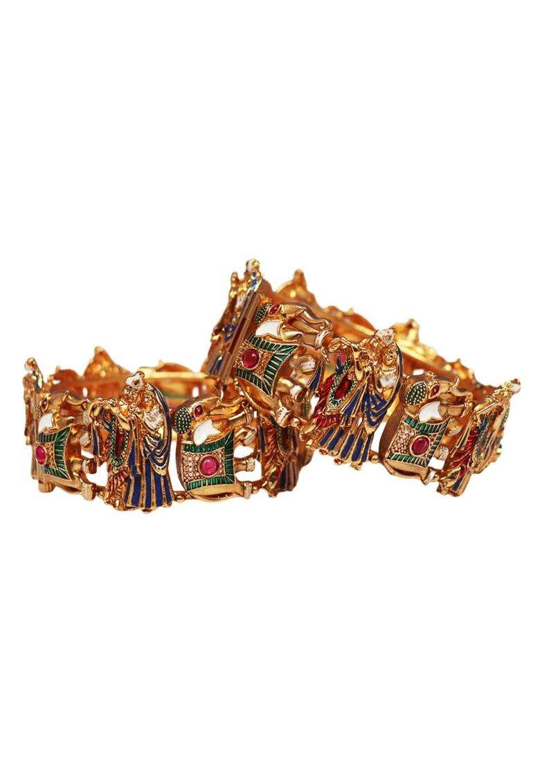 TAJ Bridal Store Golden Divine Radha Krishna and Elephant Motif Bangles Set of 2 - Indya