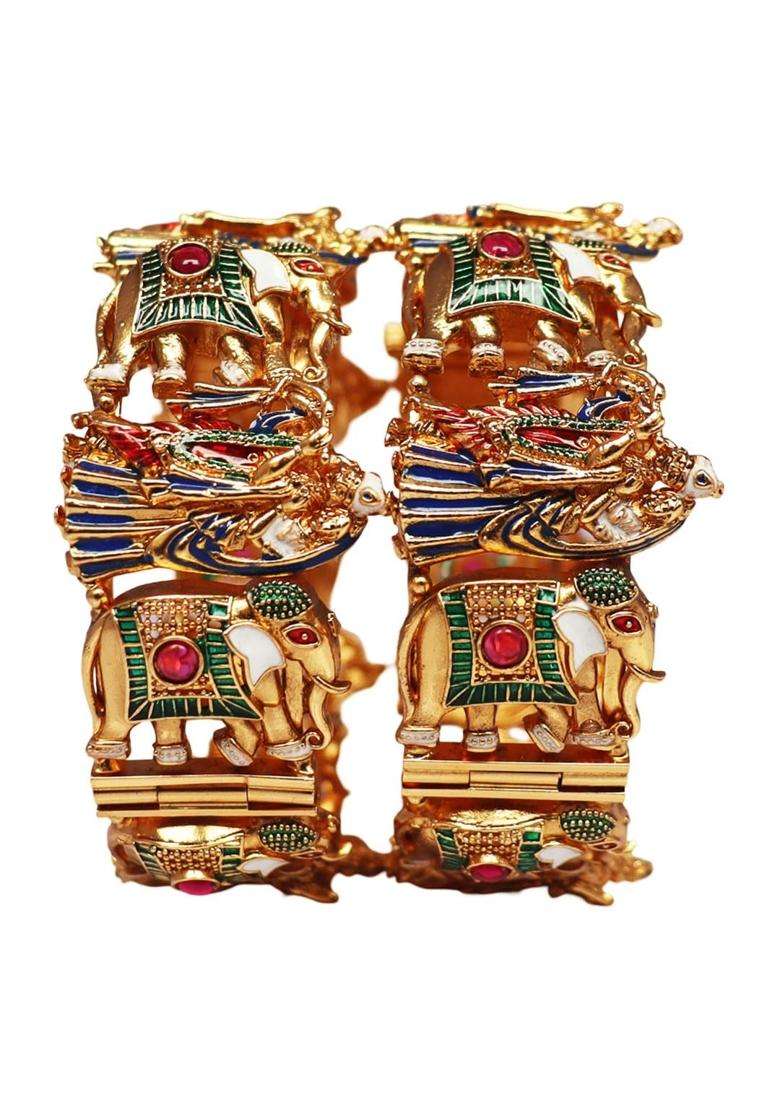 TAJ Bridal Store Golden Divine Radha Krishna and Elephant Motif Bangles Set of 2 - Indya