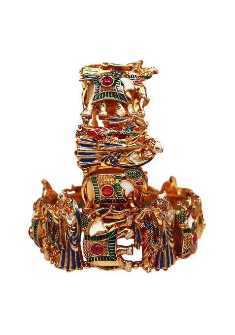 TAJ Bridal Store Golden Divine Radha Krishna and Elephant Motif Bangles Set of 2