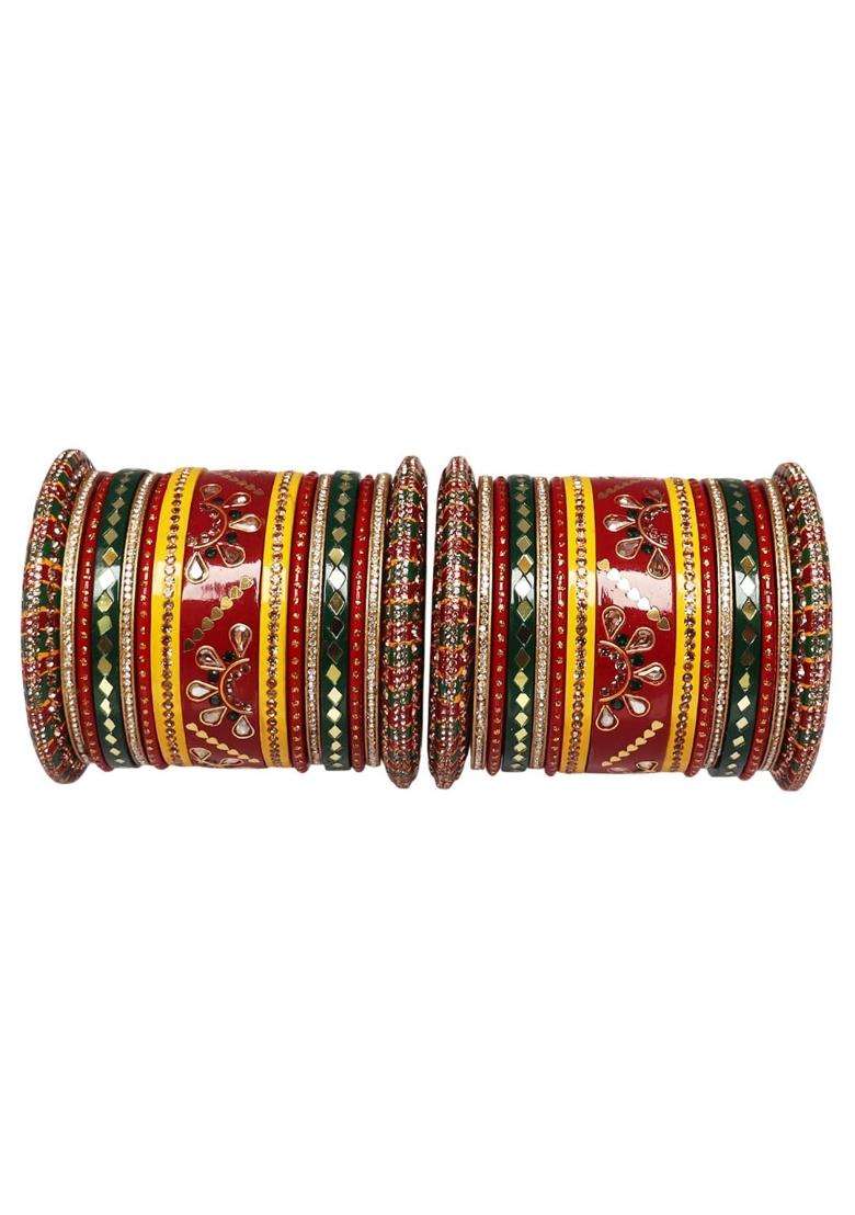 TAJ Bridal Store Karwa Chauth Traditional Bangles Set with Latest Kundan Mirror Design - Indya