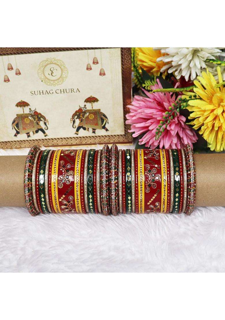 TAJ Bridal Store Karwa Chauth Traditional Bangles Set with Latest Kundan Mirror Design - Indya