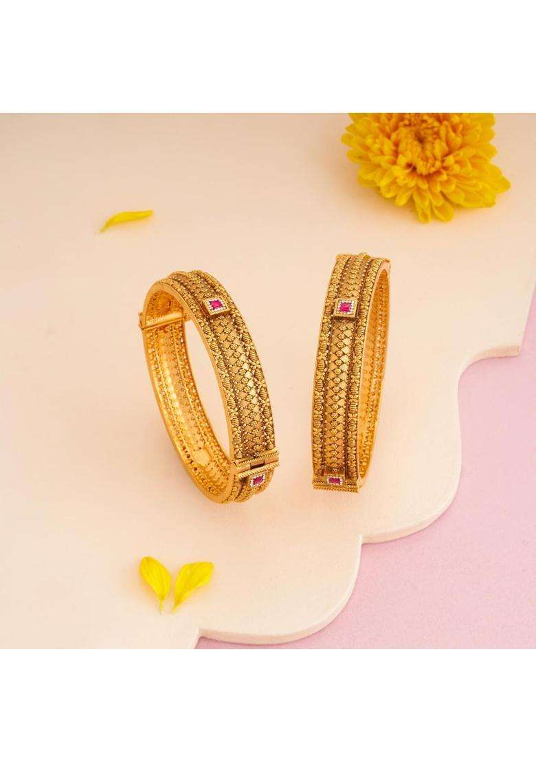 Kushals Fashion Jewellery Ruby Gold Plated Antique Bangles for Women Festive Bridal and Occasion Wear - Indya