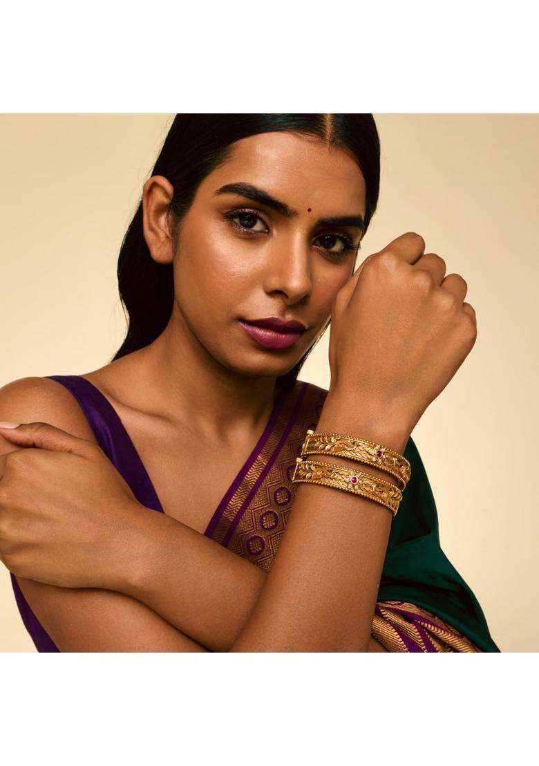 Kushals Fashion Jewellery Ruby Green Gold Plated Antique Bangles for Women Festive Bridal and Occasion Wear - Indya