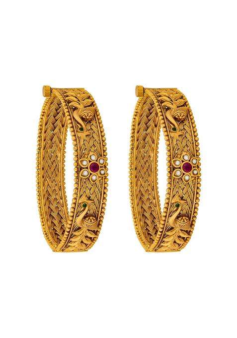 Kushals Fashion Jewellery Ruby Green Gold Plated Antique Bangles for Women Festive Bridal and Occasion Wear