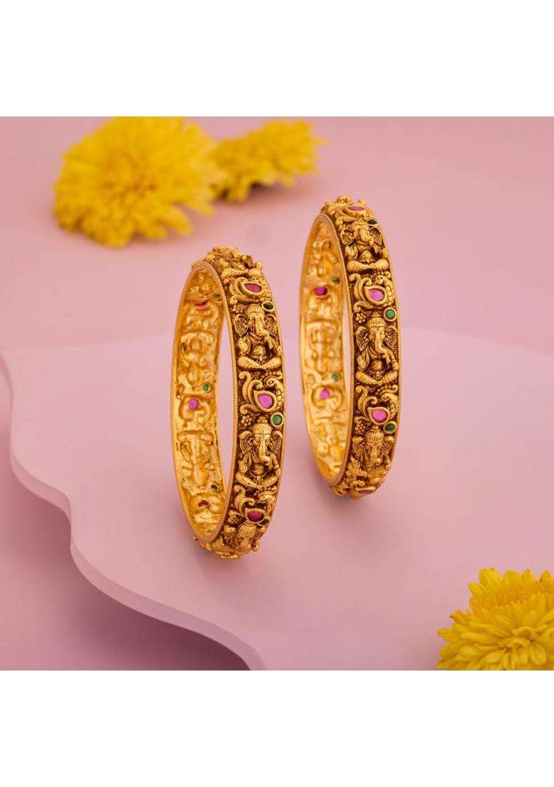 Kushals Fashion Jewellery Ruby Green Gold Plated Antique Bangles for Women Festive Bridal and Occasion Wear - Indya
