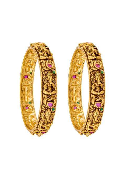 Kushals Fashion Jewellery Ruby Green Gold Plated Antique Bangles for Women Festive Bridal and Occasion Wear