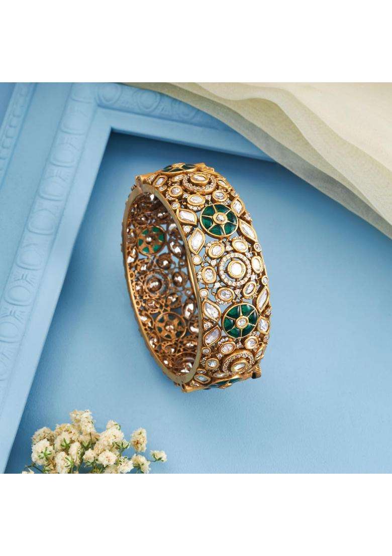 Kushals Fashion Jewellery Green Victorian Plated Kundan Bangle for Women Bridal Bridesmaid and Occasion Wear - Indya