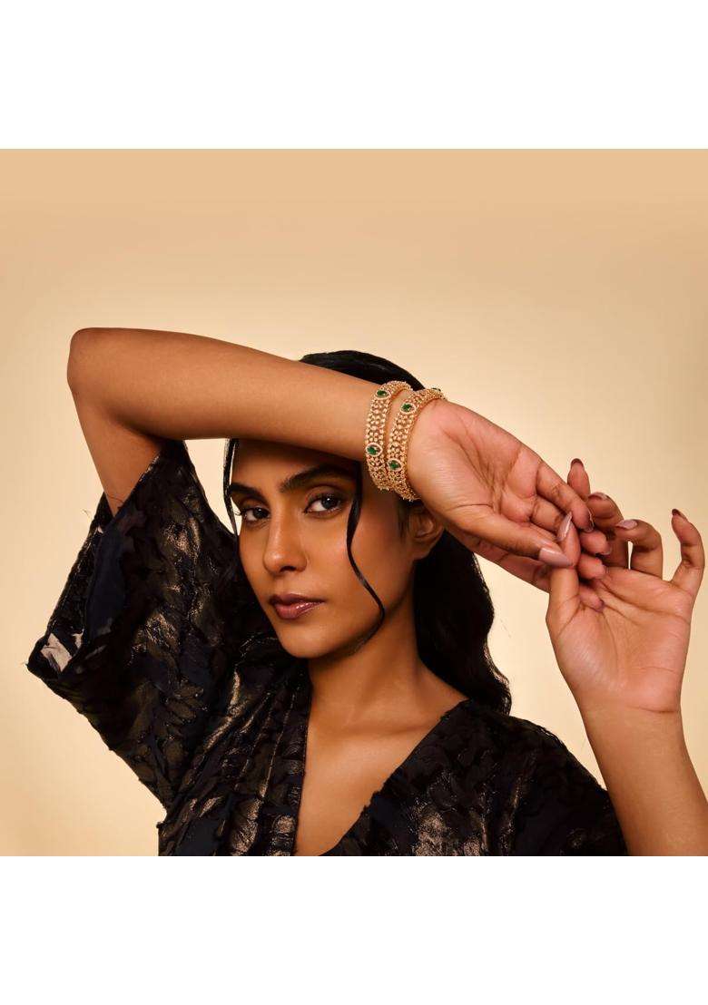 Kushals Fashion Jewellery Green Gold Plated Zircon Bangles for Women Party Bridal and Occasion Wear - Indya