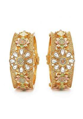 Karatcart Handcrafted Gold Plated Pink and Lime Green Enamel Floral Bridal Bangles for Women