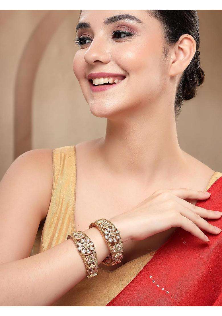 Karatcart Handcrafted Gold Plated Pink and Lime Green Enamel Floral Bridal Bangles for Women - Indya