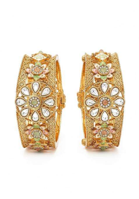 Karatcart Handcrafted Gold Plated Pink and Lime Green Enamel Floral Bridal Bangles for Women