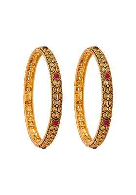 Kushals Fashion Jewellery Ruby Oxidised Gold Plated 925 Silver Temple Bangles for Women Festive
