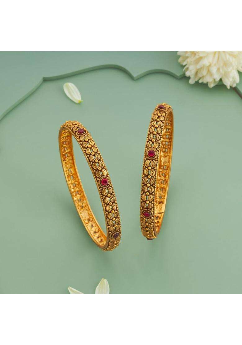 Kushals Fashion Jewellery Ruby Oxidised Gold Plated 925 Silver Temple Bangles for Women Festive - Indya