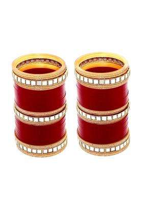 Lucky Jewellery Bridal Bangle Set Wedding Punjabi Chuda Mirror Work Designer Chura CZ Stone Maroon Color