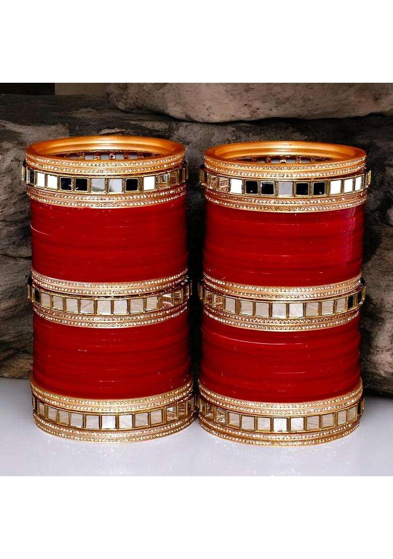 Lucky Jewellery Bridal Bangle Set Wedding Punjabi Chuda Mirror Work Designer Chura CZ Stone Maroon Color - Indya
