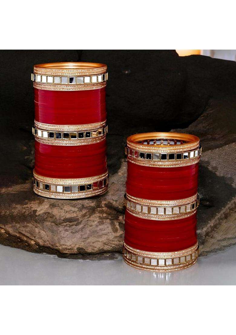 Lucky Jewellery Bridal Bangle Set Wedding Punjabi Chuda Mirror Work Designer Chura CZ Stone Maroon Color - Indya