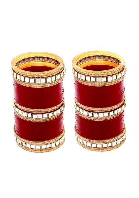 Lucky Jewellery Bridal Bangle Set Wedding Punjabi Chuda Mirror Work Designer Chura CZ Stone Maroon Color