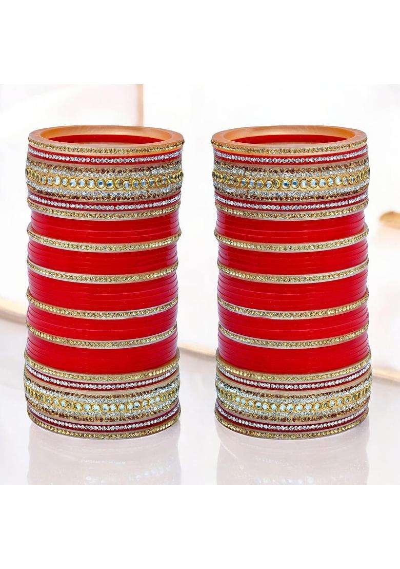 Lucky Jewellery Bridal Bangle Set Dhanteras Diwali Bhai Dooj Collection Red Designer Chura Punjabi Choora - Indya