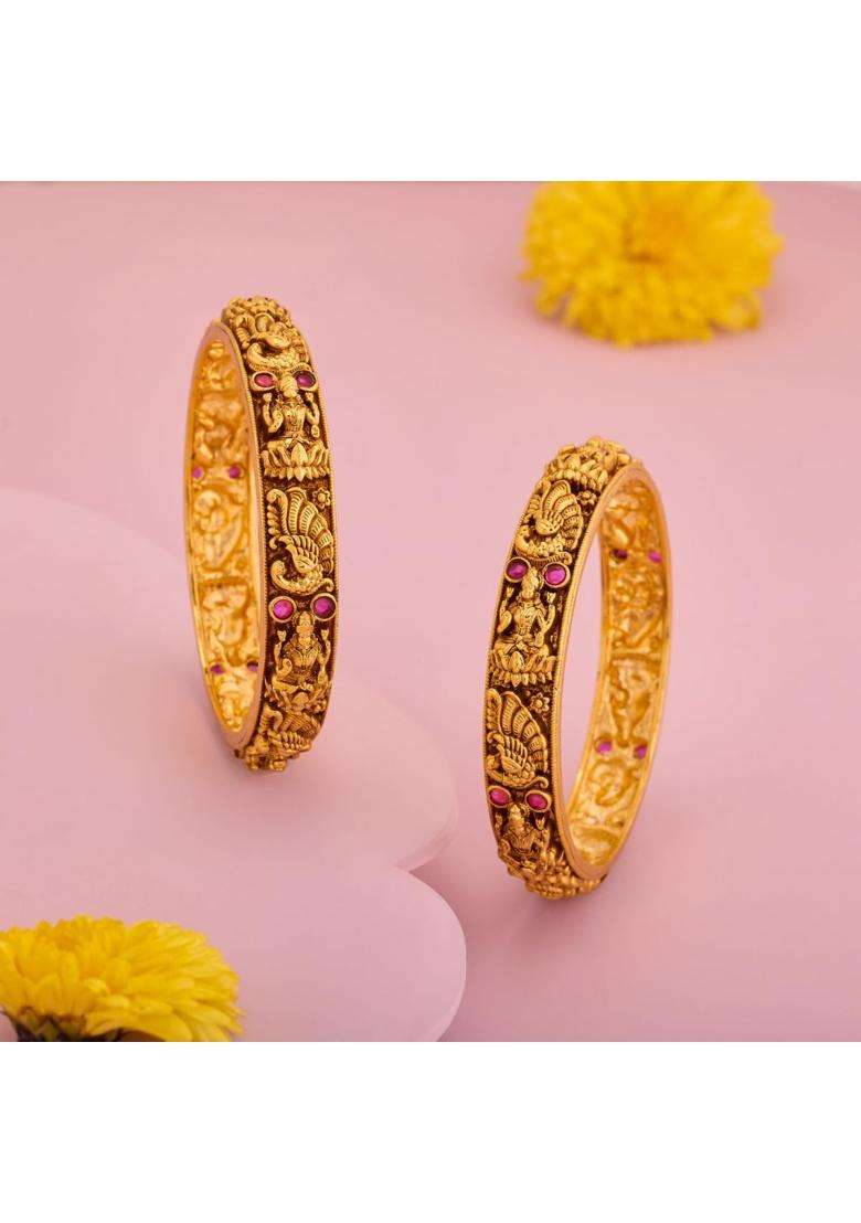 Kushals Fashion Jewellery Ruby Gold Plated Antique Bangles for Women Festive Bridal and Occasion Wear - Indya