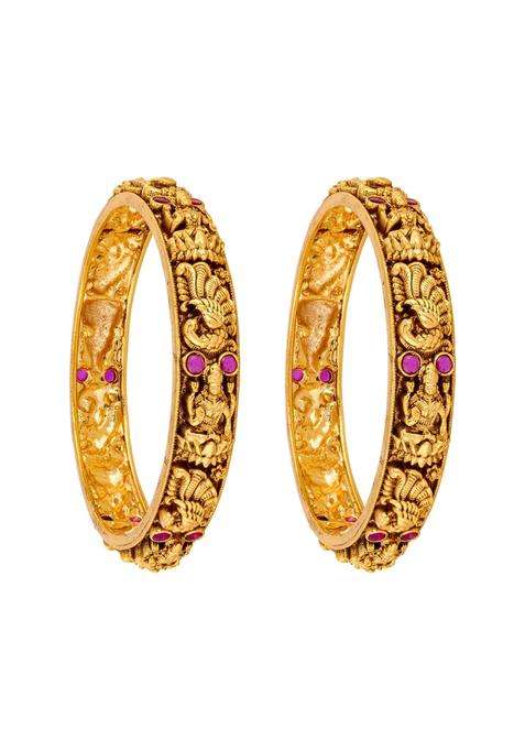 Kushals Fashion Jewellery Ruby Gold Plated Antique Bangles for Women Festive Bridal and Occasion Wear