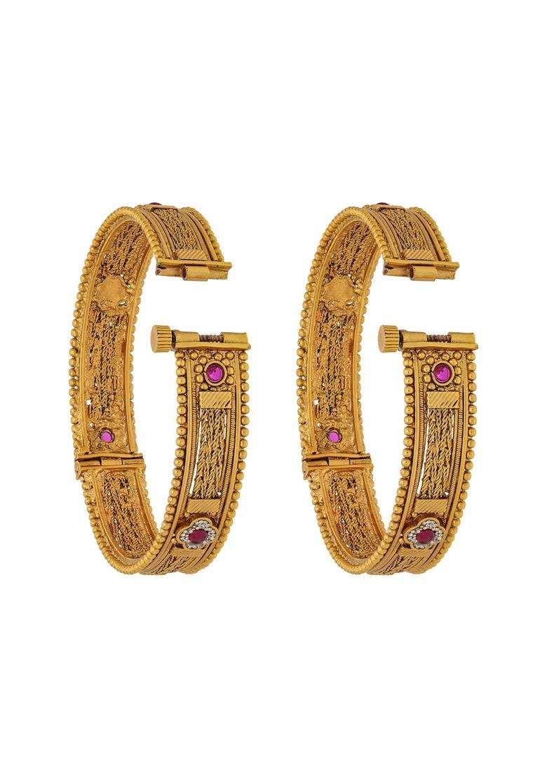 Kushals Fashion Jewellery Ruby Gold Plated Antique Bangles for Women Bridal Bridesmaid and Occasion Wear - Indya