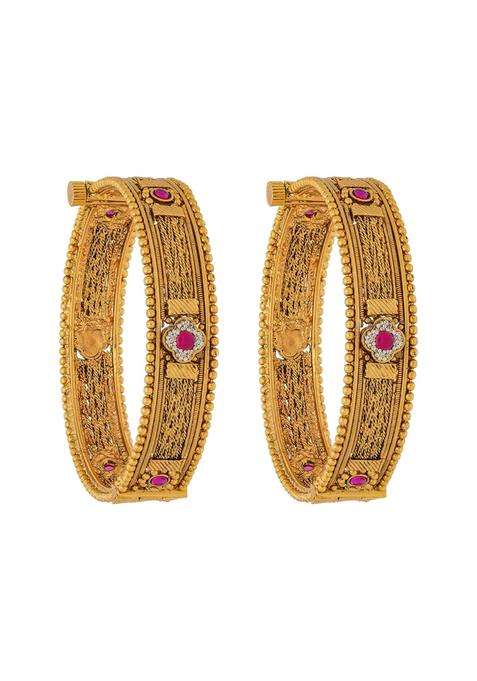 Kushals Fashion Jewellery Ruby Gold Plated Antique Bangles for Women Bridal Bridesmaid and Occasion Wear