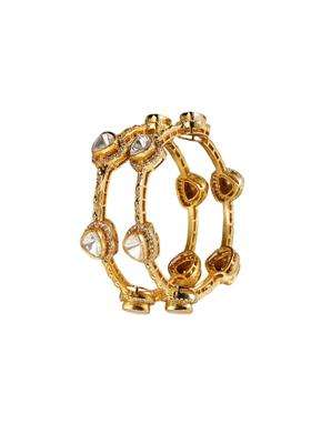 Prestones Moissanite Style Polki Bangle Set for Women Gold Finish Brass Bangles with Uncut Stone Look