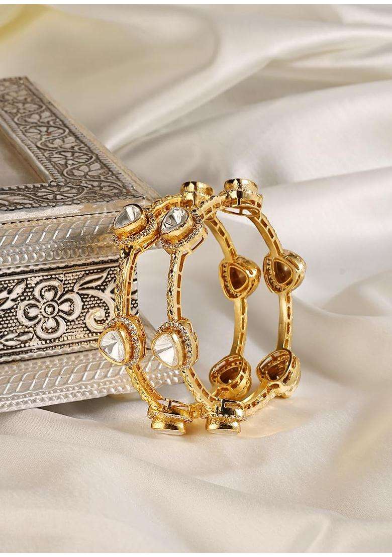 Prestones Moissanite Style Polki Bangle Set for Women Gold Finish Brass Bangles with Uncut Stone Look - Indya