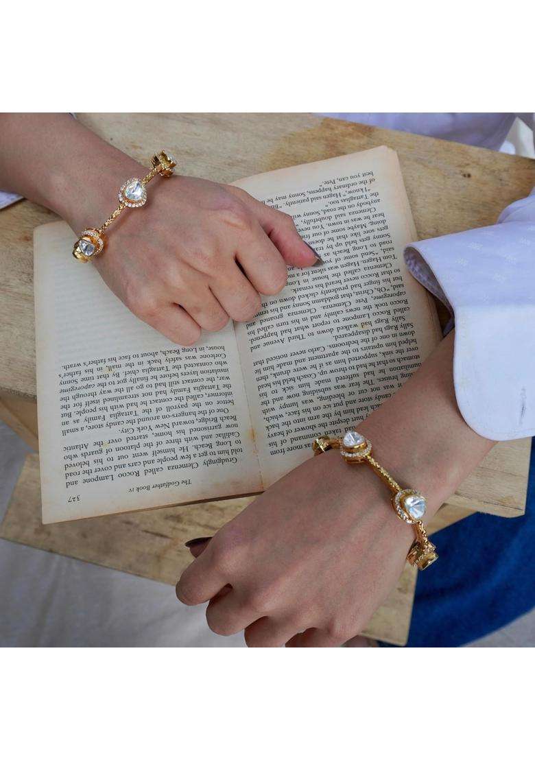 Prestones Moissanite Style Polki Bangle Set for Women Gold Finish Brass Bangles with Uncut Stone Look - Indya