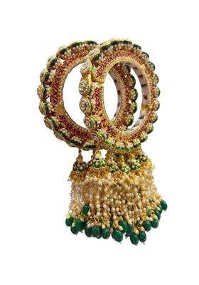 Rajwadi High Gola Polish Ethnic Openable Bangles with Jhumki Gold Green and Red 2 Pair