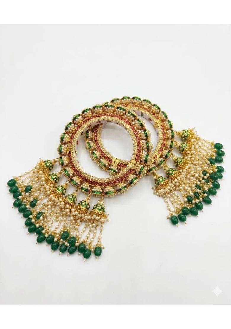 Rajwadi High Gola Polish Ethnic Openable Bangles with Jhumki Gold Green and Red 2 Pair - Indya