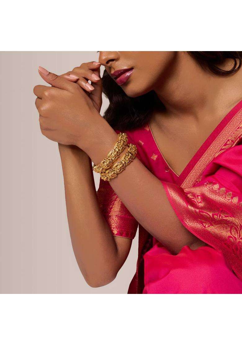 Kushals Fashion Jewellery Ruby Gold Plated Antique Bangles for Women Bridal Bridesmaid and Occasion Wear - Indya