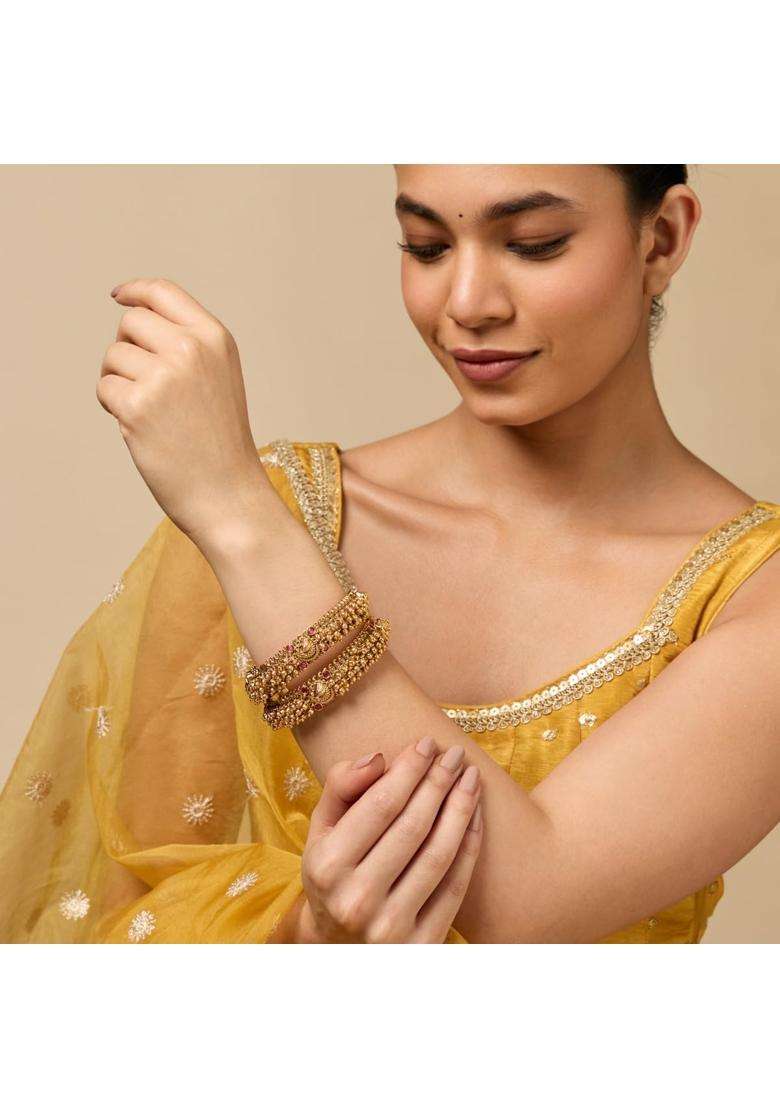 Kushals Fashion Jewellery Ruby Gold Plated Antique Bangles for Women Bridal Bridesmaid and Occasion Wear - Indya