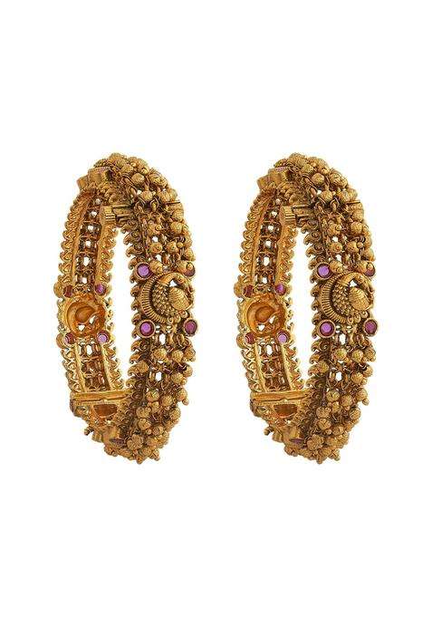 Kushals Fashion Jewellery Ruby Gold Plated Antique Bangles for Women Bridal Bridesmaid and Occasion Wear