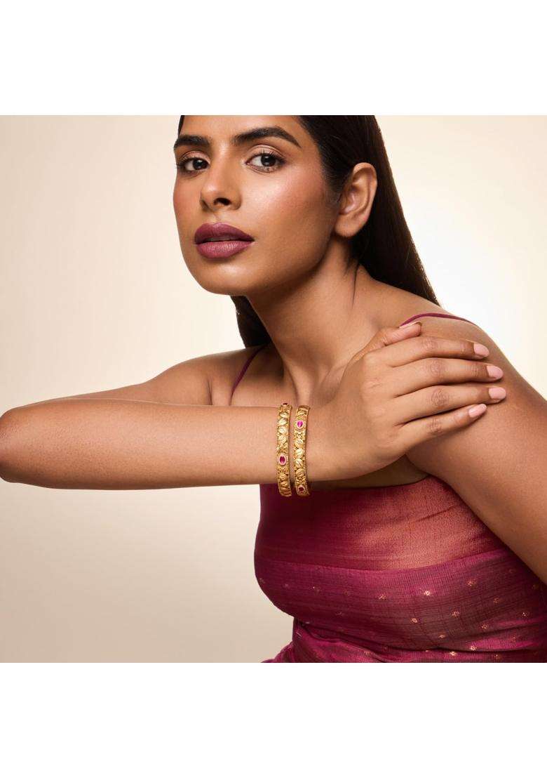 Kushals Fashion Jewellery Ruby Gold Plated Antique Bangles for Women Festive Bridal and Occasion Wear - Indya
