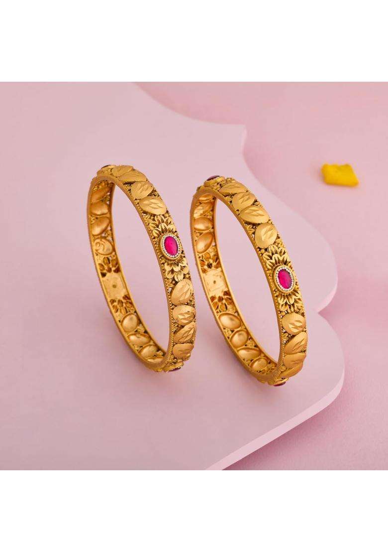 Kushals Fashion Jewellery Ruby Gold Plated Antique Bangles for Women Festive Bridal and Occasion Wear - Indya