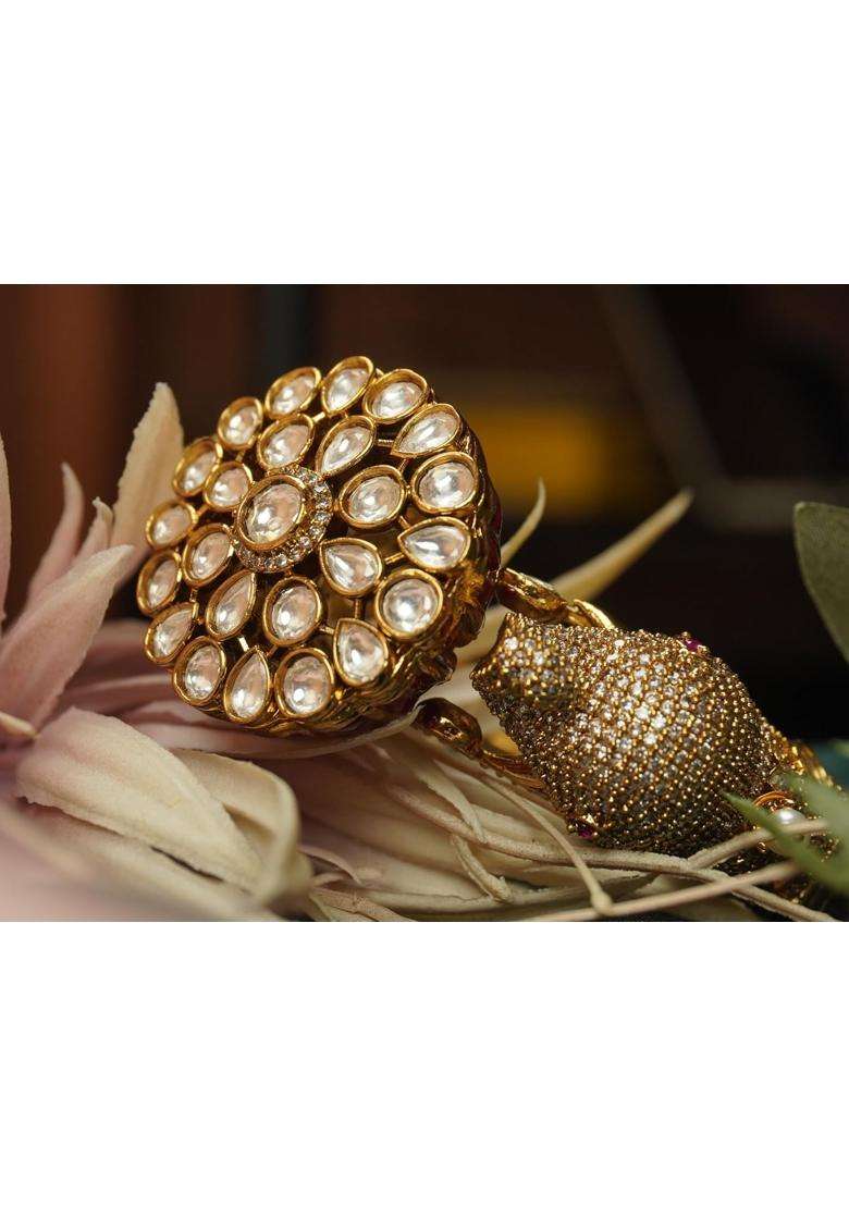 All That Glitters Golden Rajwada Style Kundan Elephant Head Kada Bangle - Indya