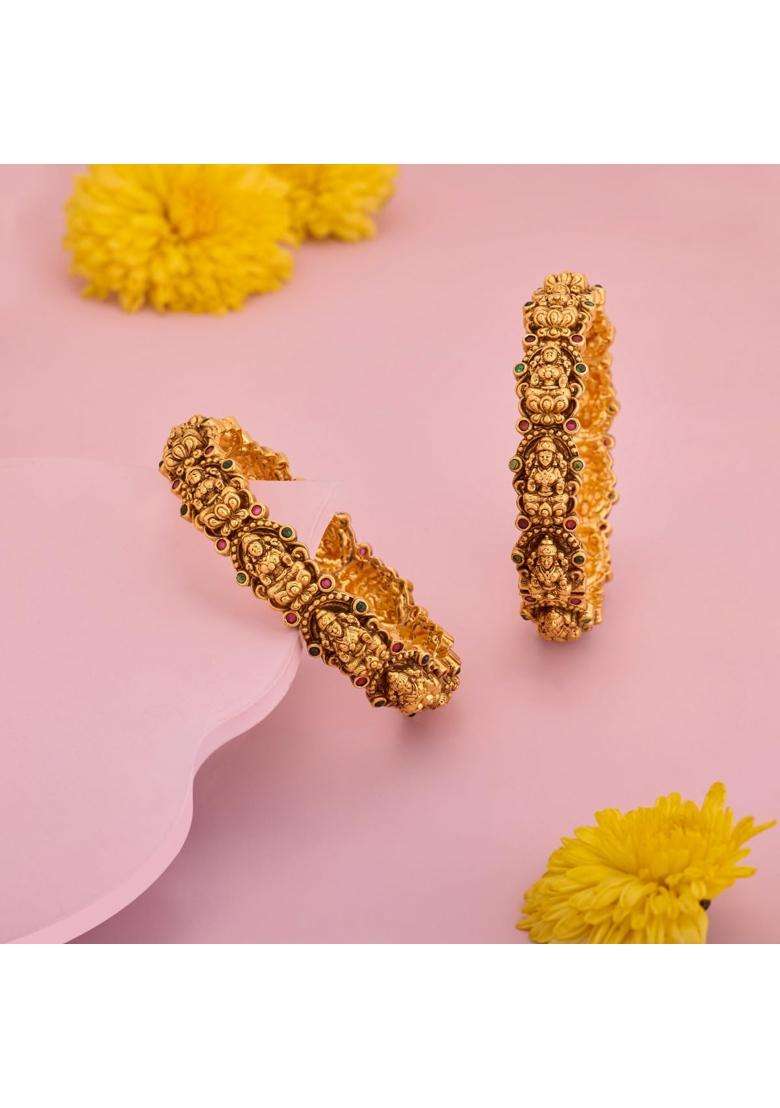 Kushals Fashion Jewellery Ruby Green Gold Plated Antique Bangles for Women Festive Bridal and Occasion Wear - Indya