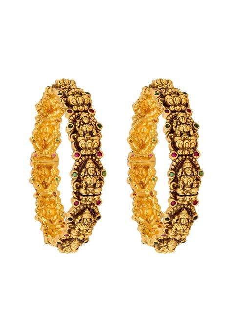 Kushals Fashion Jewellery Ruby Green Gold Plated Antique Bangles for Women Festive Bridal and Occasion Wear