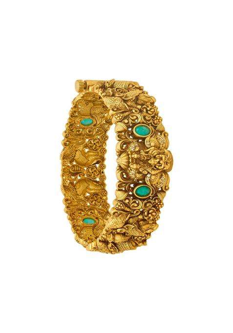 Kushals Fashion Jewellery Green Oxidised Gold Plated 925 Silver Temple Bangle for Women with Secure Lock