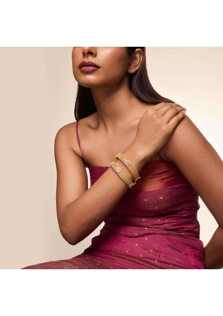 Kushals Fashion Jewellery Ruby Green Gold Plated Antique Bangles for Women Festive Bridal and Occasion Wear - Indya