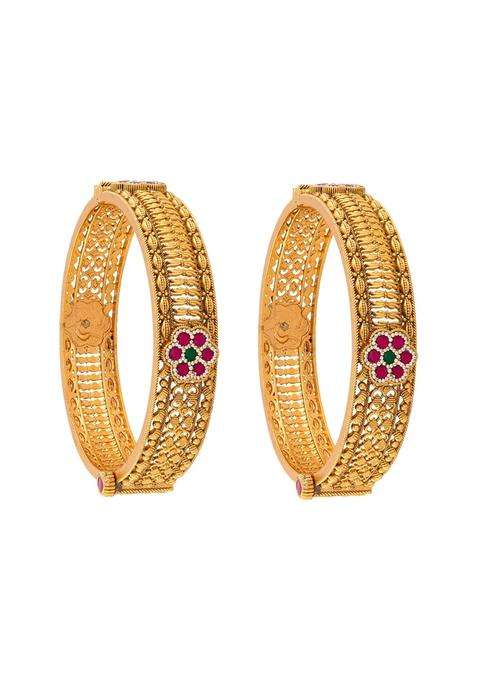 Kushals Fashion Jewellery Ruby Green Gold Plated Antique Bangles for Women Festive Bridal and Occasion Wear