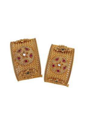 Traditional Brass Gold Plated Patla Bangles for Women Antique Broad Kada Bracelet Set with Ruby Stone Design