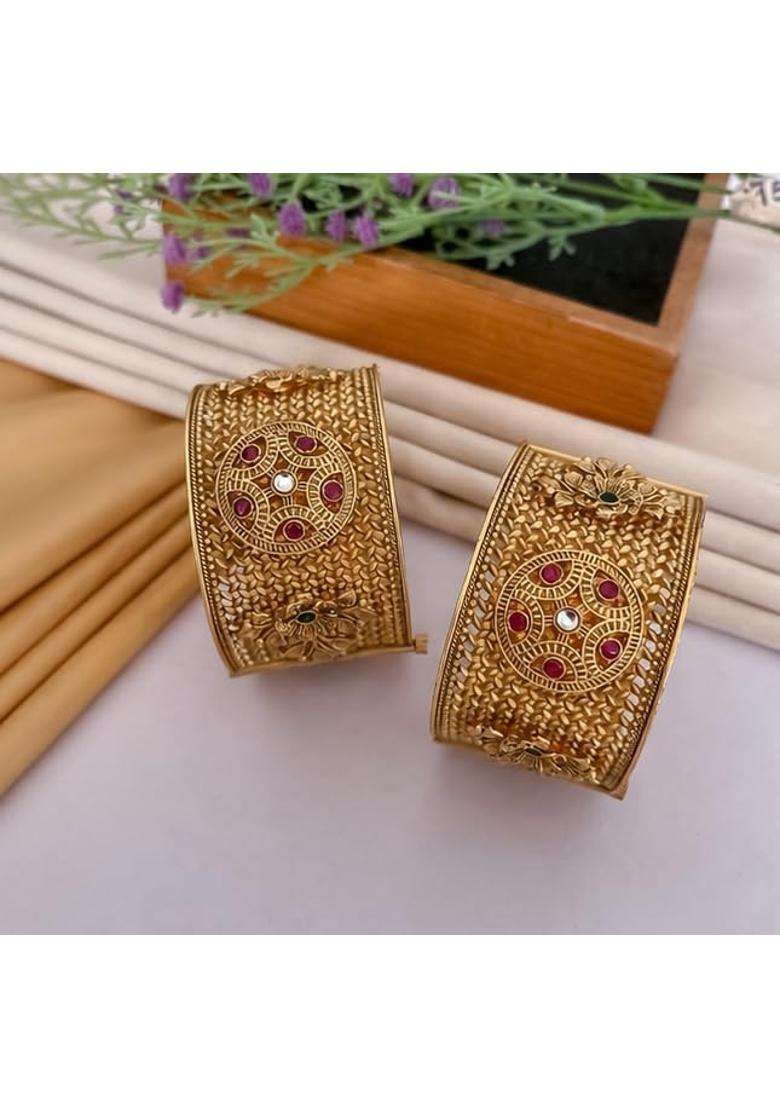Traditional Brass Gold Plated Patla Bangles for Women Antique Broad Kada Bracelet Set with Ruby Stone Design - Indya