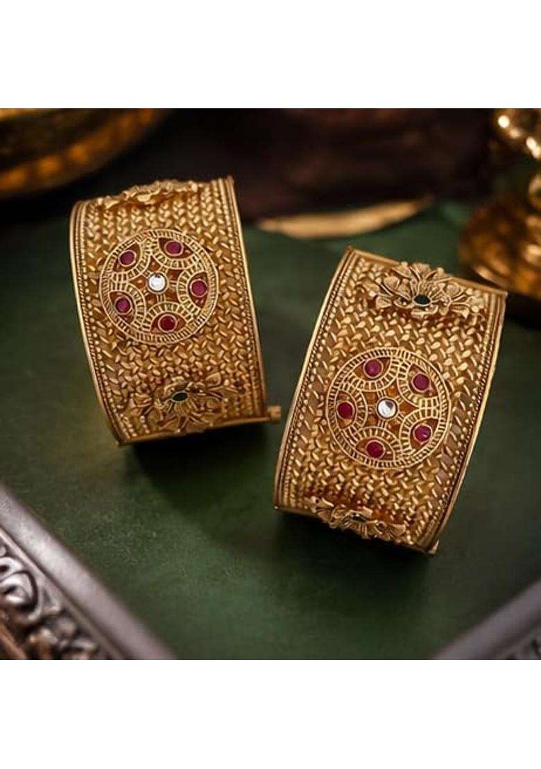 Traditional Brass Gold Plated Patla Bangles for Women Antique Broad Kada Bracelet Set with Ruby Stone Design - Indya